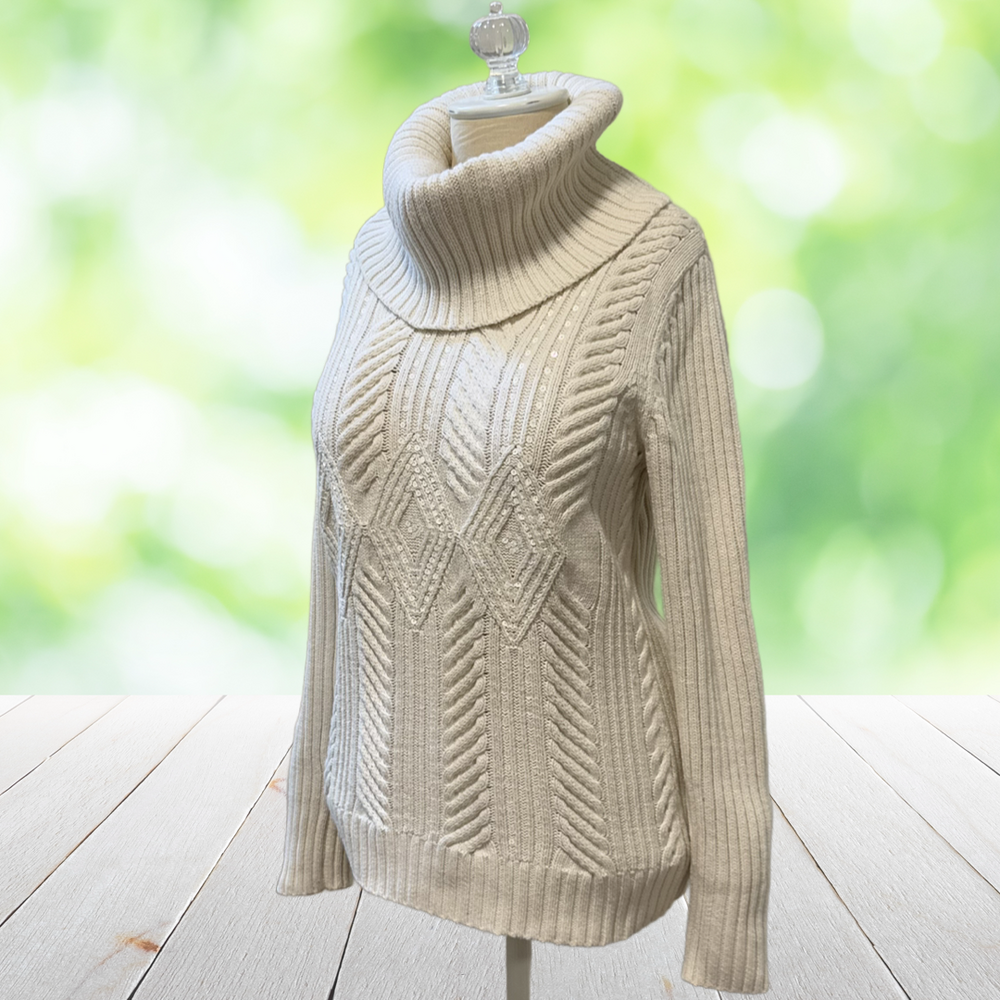 TALBOTS Cable Knit Sweater Cowl Neck Tonal Sequin Pullover Cream Dressy Size L